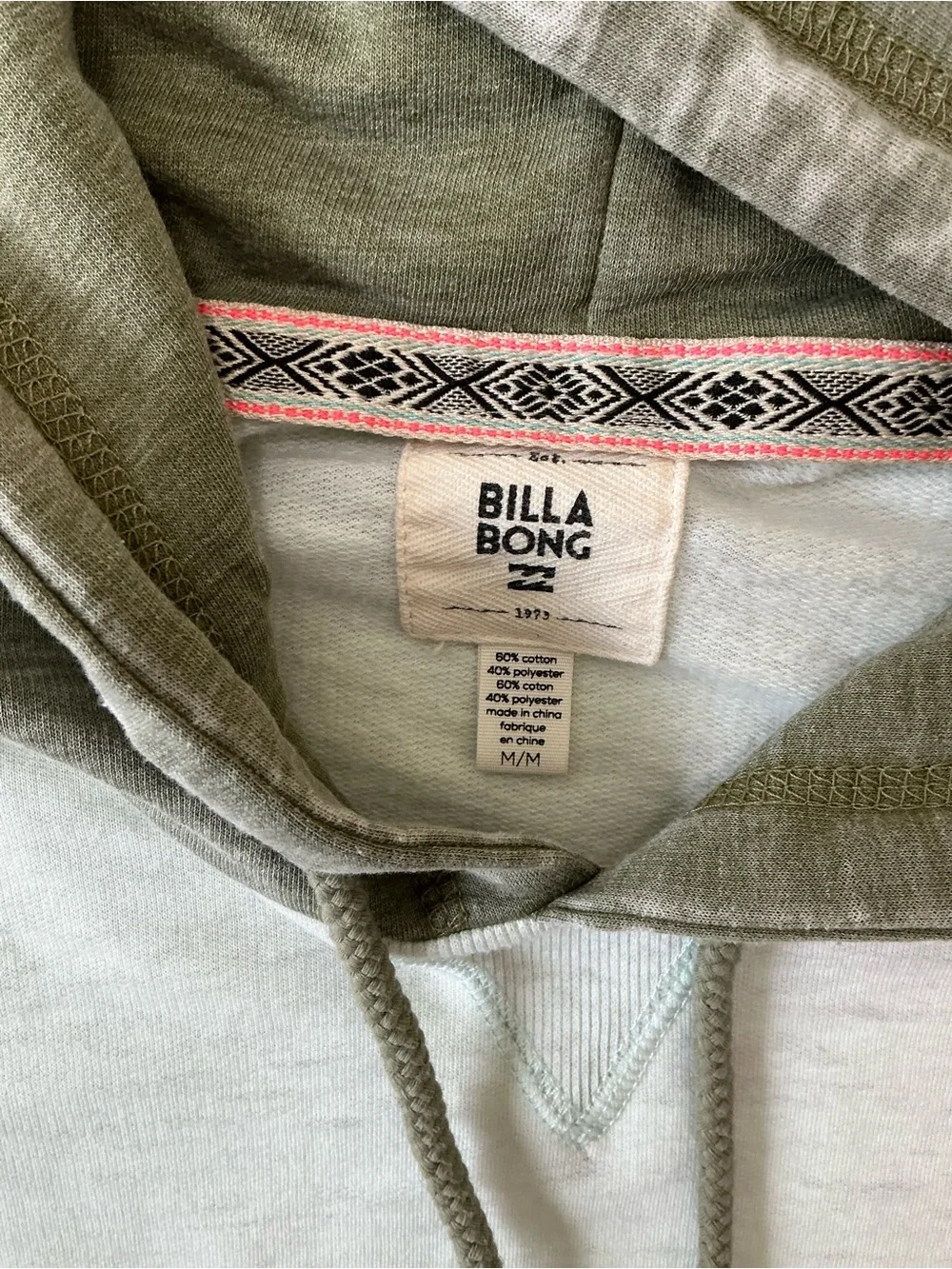 Billabong Hooded Pullover Hoodie Olive Ivory Colorblock Kangaroo Pocket M - Picture 3 of 9